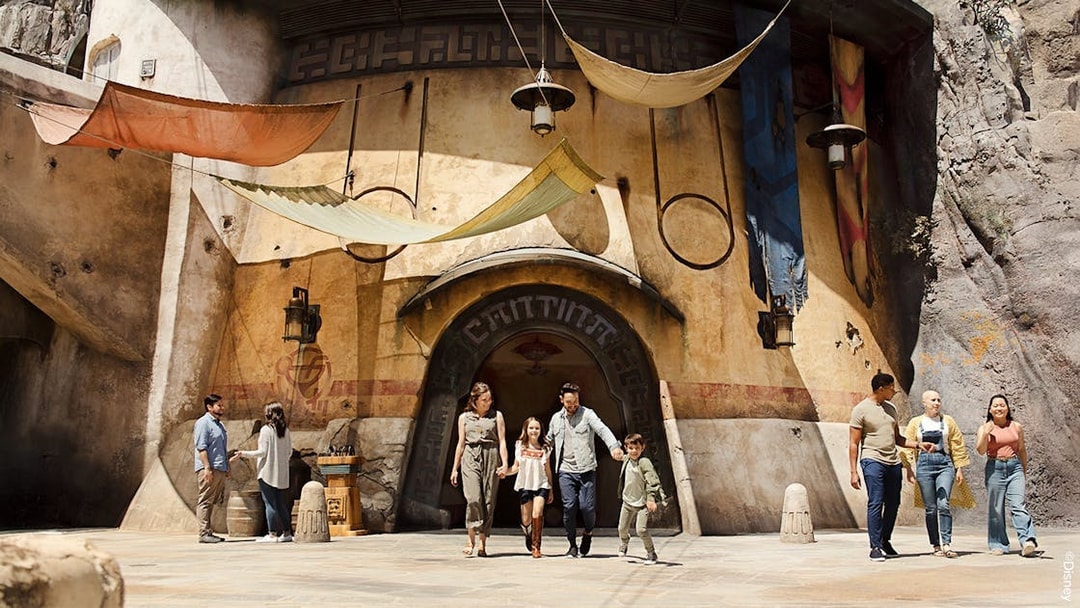 Visitors walking through Star Wars attraction at Disneyland Park, California.