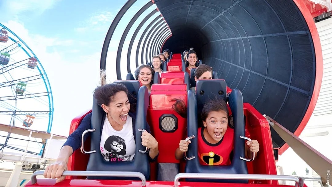 Riders enjoying the Incredicoaster at Disneyland Adventure Park, California.