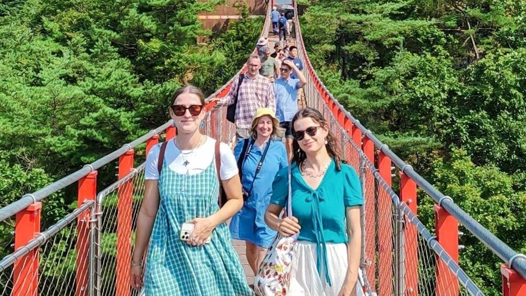 Tourists crossing a red suspension bridge over a forest on the DMZ tour.