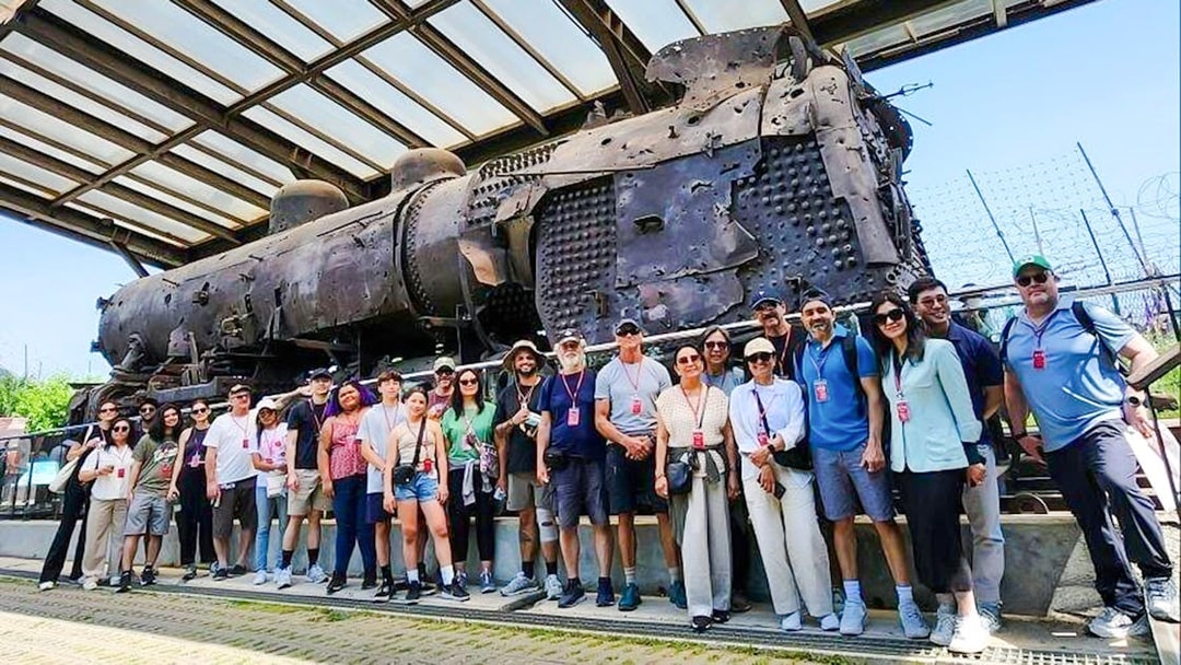 Tourists at Korean War steam locomotive, Imjingak Park, DMZ tour.