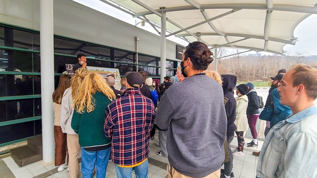 Tour group listening to a guide at DMZ Suspension Bridge, South Korea.