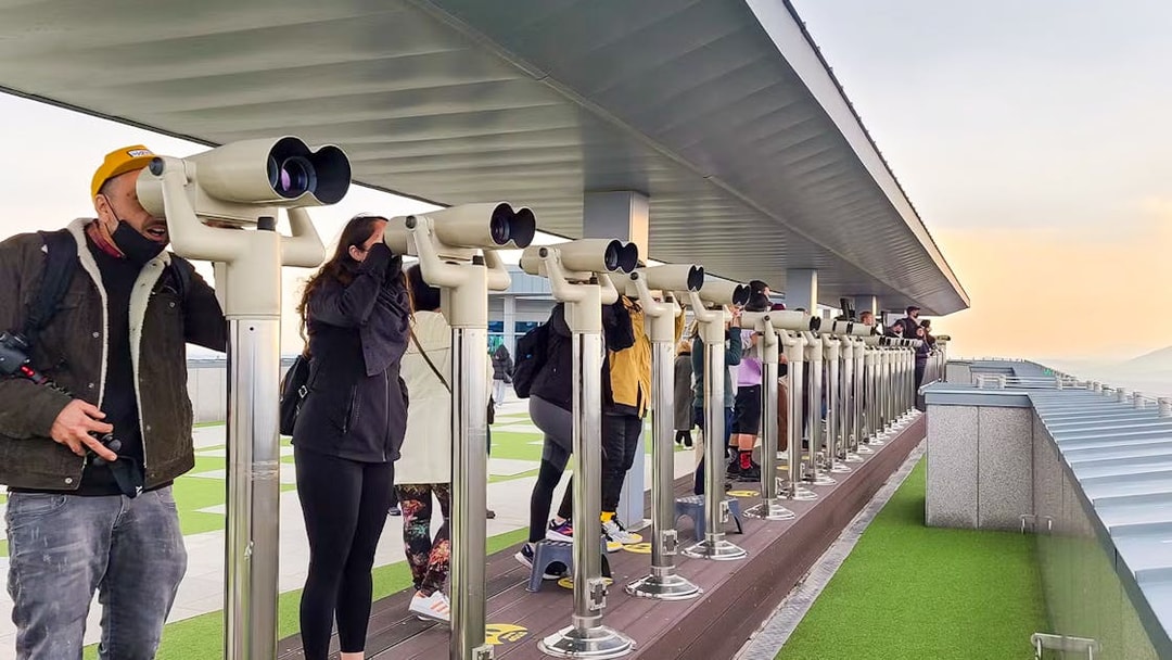 Visitors using telescopes at DMZ observation deck during full-day tour.