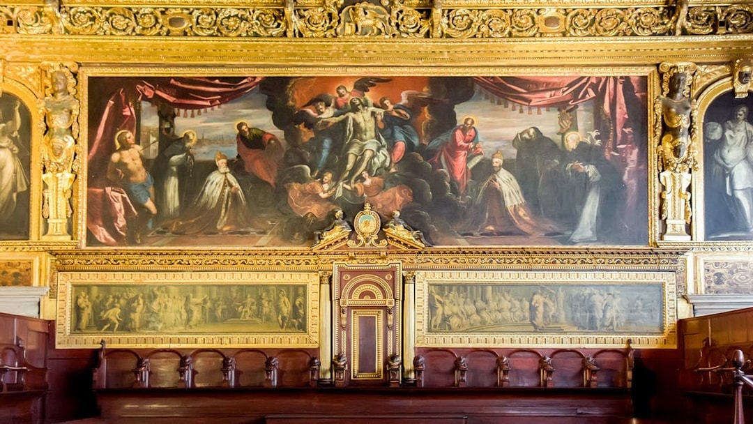Painting in Doge's Palace depicting historical figures and religious scene, Venice, Italy.