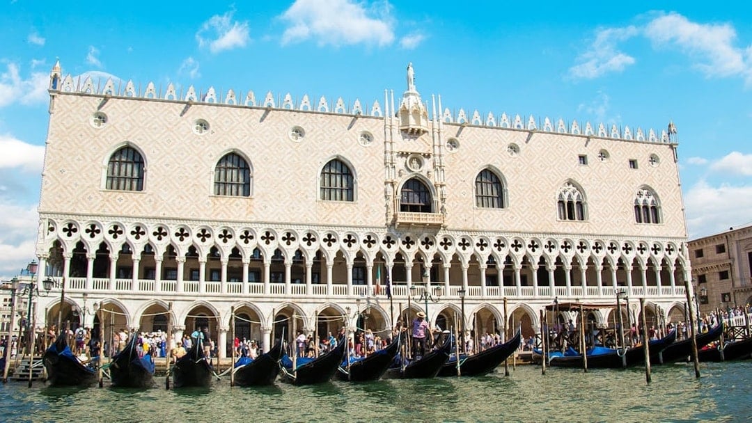 Gondolas in front of Doge's Palace, Venice, Italy.
