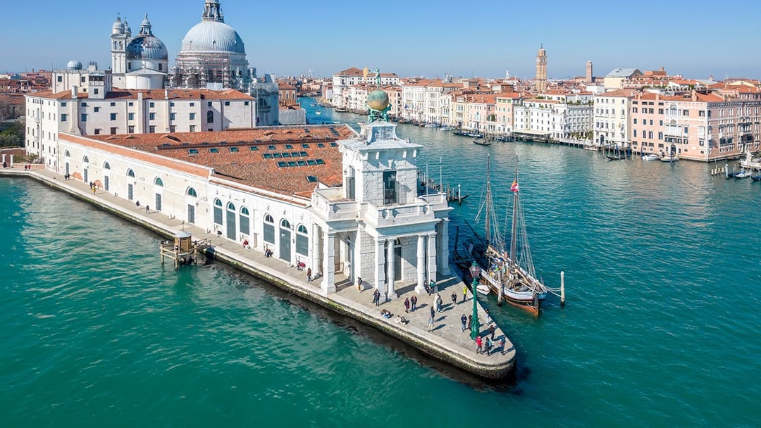 Aerial view of Punta della Dogana near Fortuny Museum, Venice.