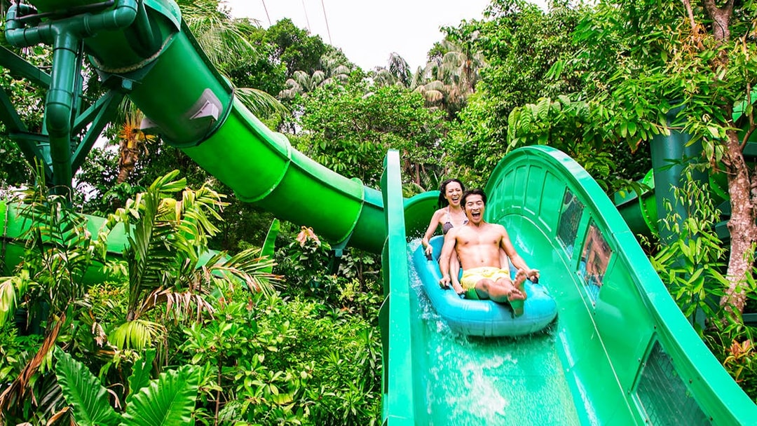 People enjoying the Riptide Rocket ride at Adventure Cove Waterpark™ surrounded by lush greenery.