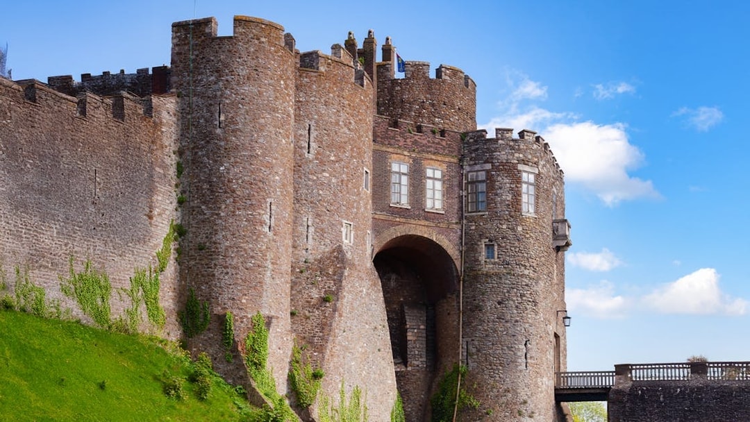 Dover Castle gateway with stone walls and towers, Kent, Southern England, UK.