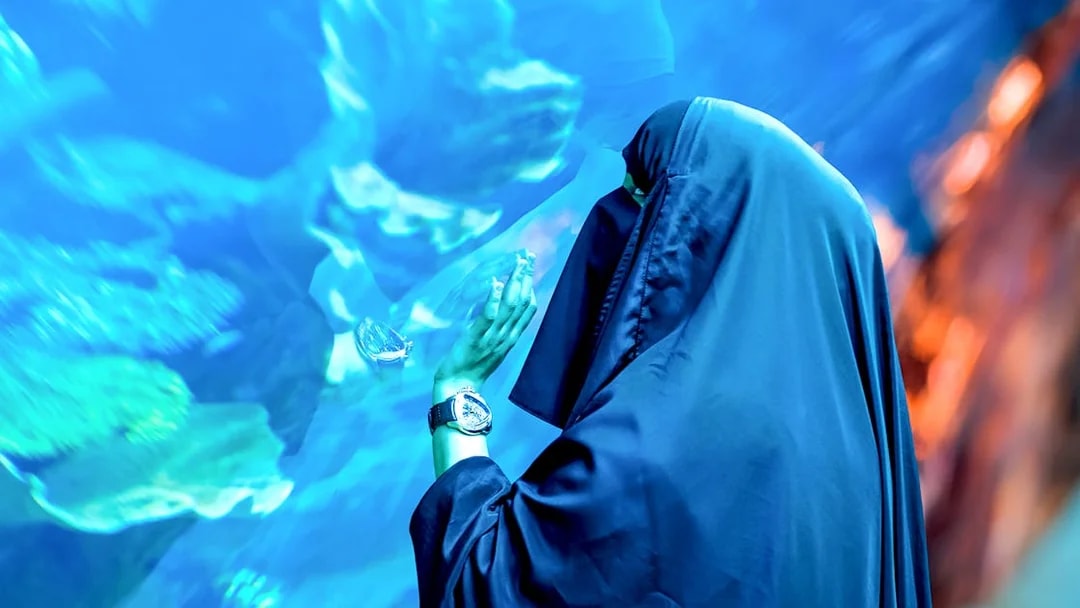 Person observing marine life at Dubai Aquarium Underwater Zoo.