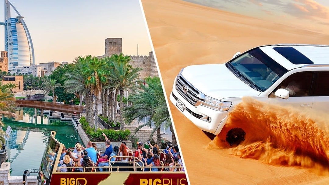 Big Bus tour in Dubai with Burj Al Arab view and SUV dune bashing in desert.