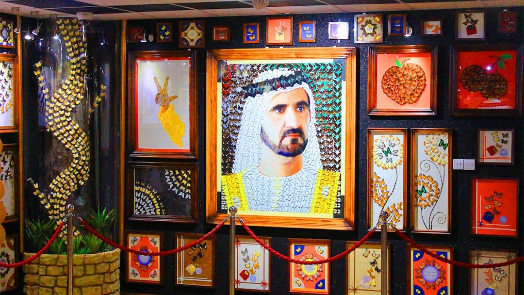 Butterfly art display at Dubai Butterfly Garden featuring intricate designs and portraits.