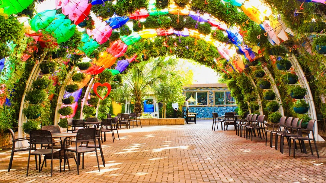Colorful umbrella archway at Dubai Butterfly Garden with seating area.