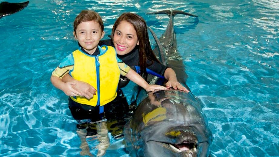 Woman and child with dolphin at Dubai Dolphinarium.