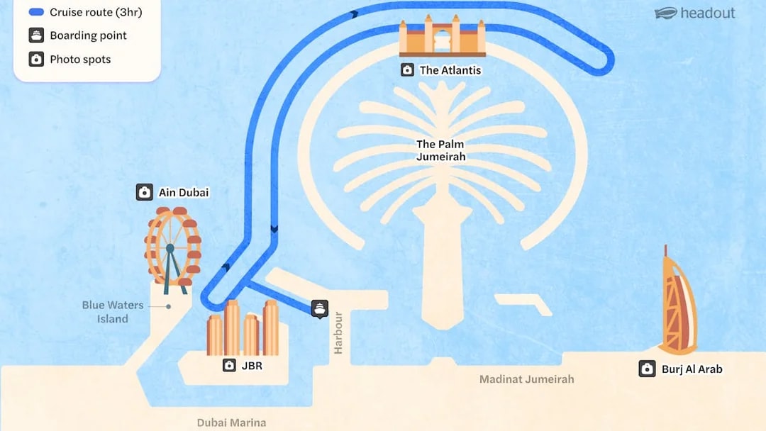 Cruise route map from Dubai Harbour passing Ain Dubai, The Atlantis, and Burj Al Arab.