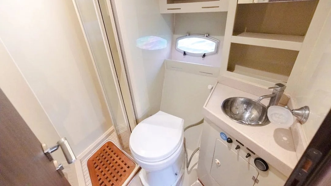 Luxury yacht bathroom with toilet, sink, and shower on Viktoriia Yacht.