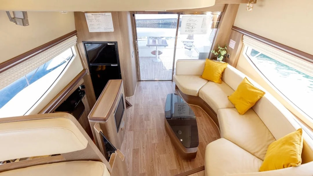 Interior of VERONIKA Private Luxury Yacht with plush seating and modern decor.