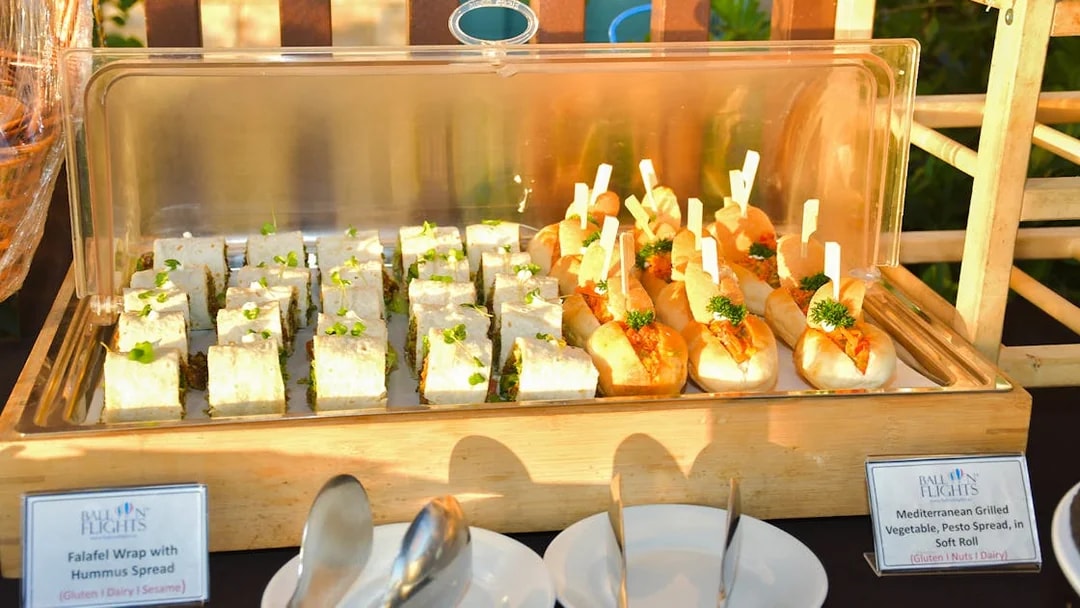 Falafel wraps and Mediterranean rolls served for breakfast on hot air balloon tour.