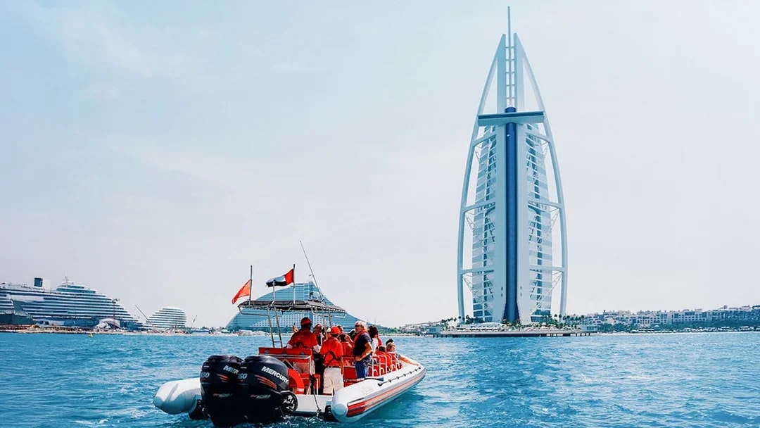 Speedboat near Burj Al Arab during Dubai Marina tour.