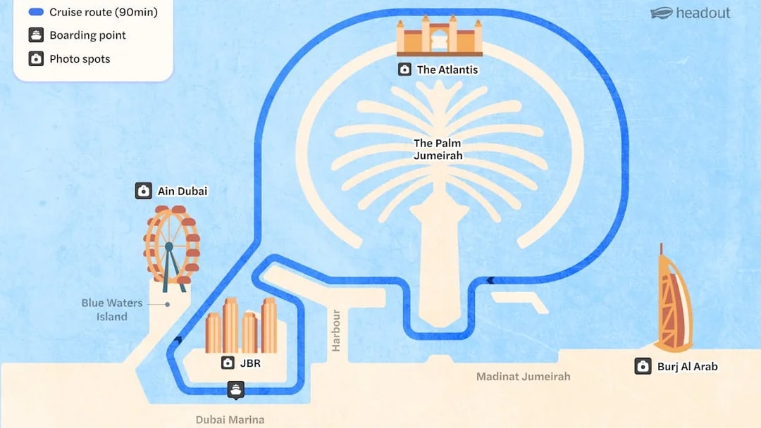 Dubai Marina speedboat tour map showing route to Ain Dubai, The Palm, Atlantis, and Burj Al Arab.