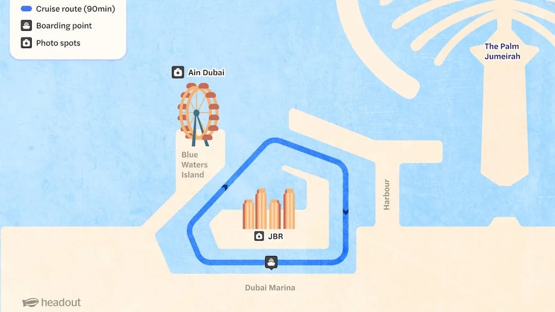 Cruise route map from Dubai Marina passing Ain Dubai and JBR, highlighting photo spots.