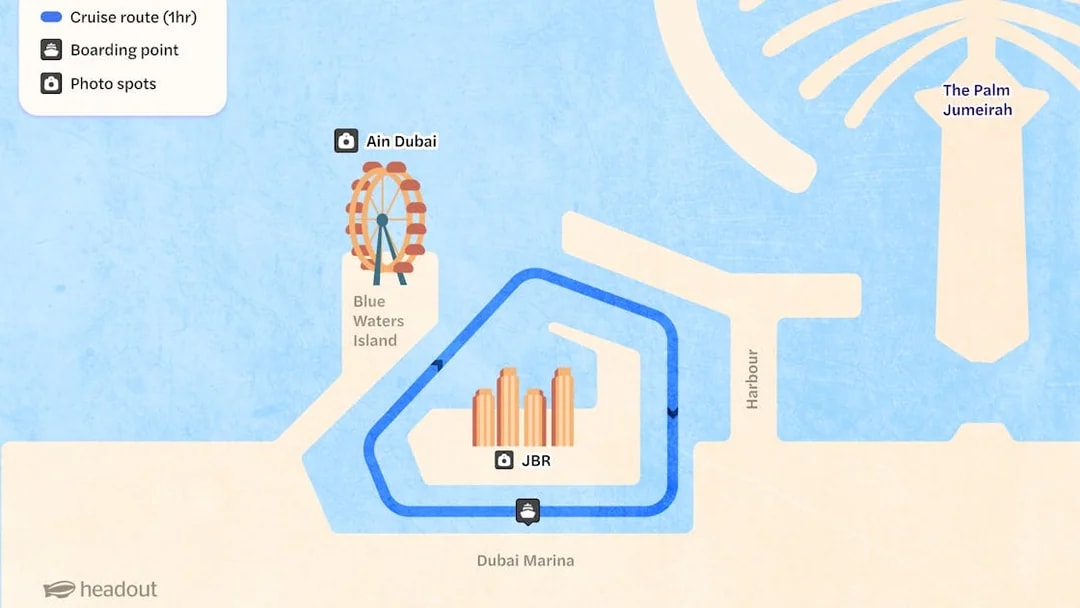 Cruise route map from Dubai Marina with stops at Ain Dubai and JBR, highlighting photo spots.