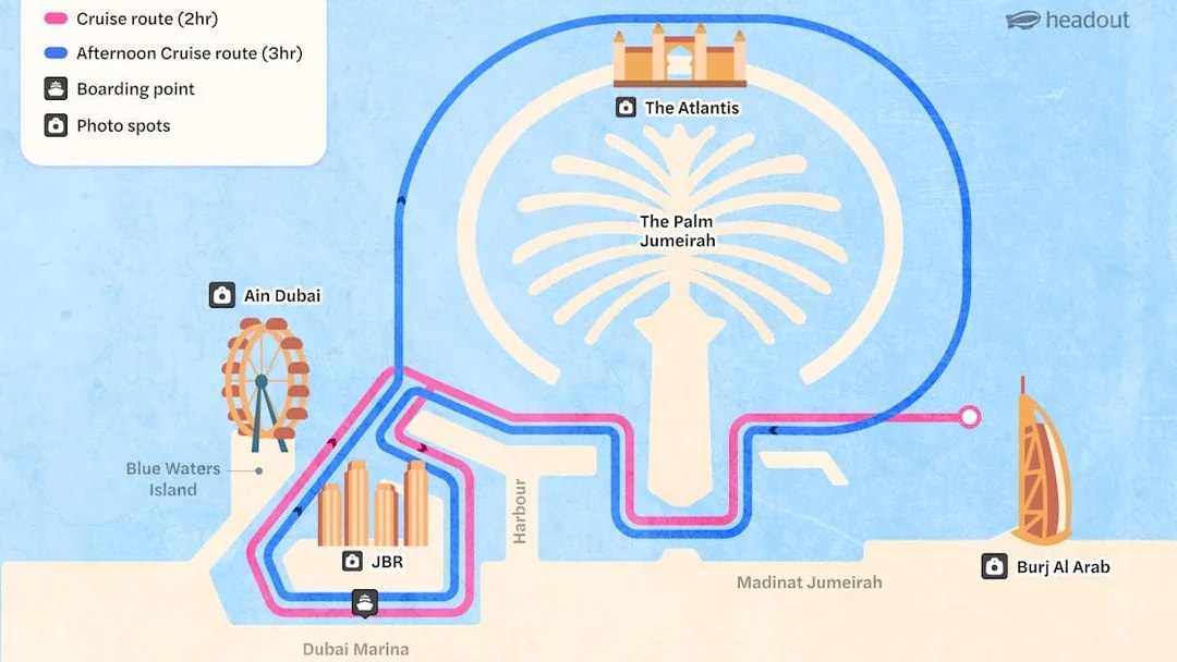 Cruise routes from Dubai Marina to Palm Jumeirah, Atlantis, Ain Dubai, and Burj Al Arab.