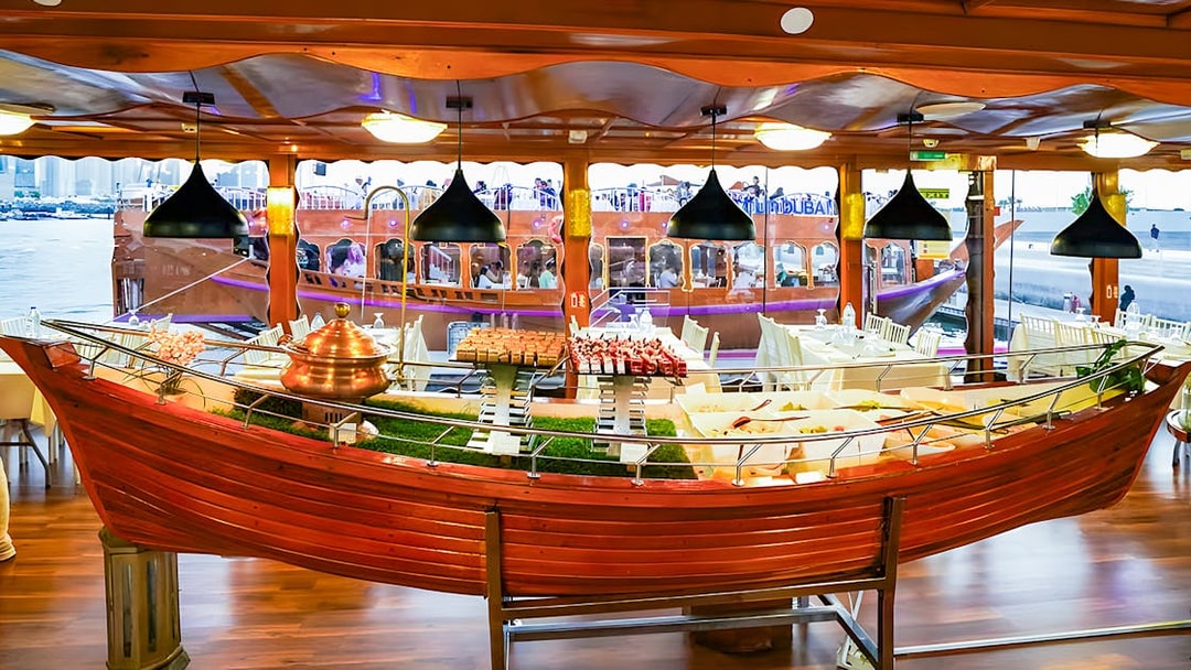 Buffet spread on a dhow for 2-hour luxury dinner cruise in Dubai.