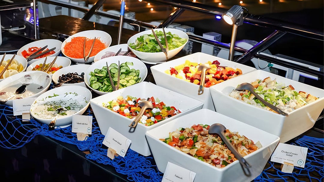 Buffet spread on 2-hour luxury dhow dinner cruise in Dubai featuring salads and appetizers.