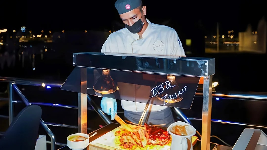 Barbecue station on 2-hour luxury dhow dinner cruise in Dubai.