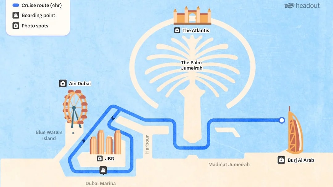 Cruise route map from Dubai Marina to Burj Al Arab via Palm Jumeirah and Ain Dubai.