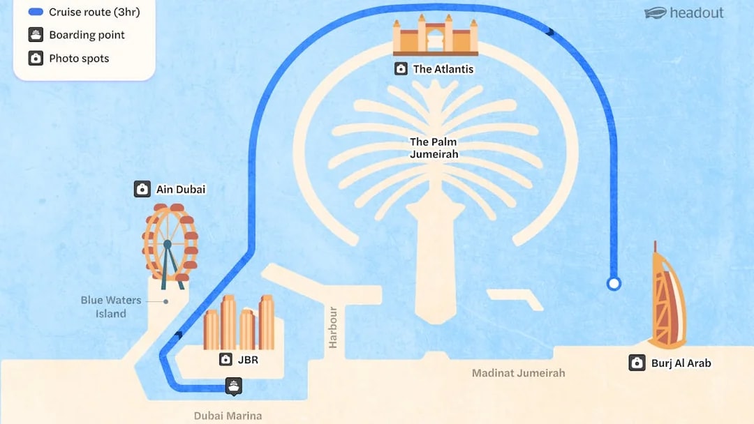 Dubai Marina yacht cruise route map featuring Ain Dubai, The Palm Jumeirah, and Burj Al Arab.
