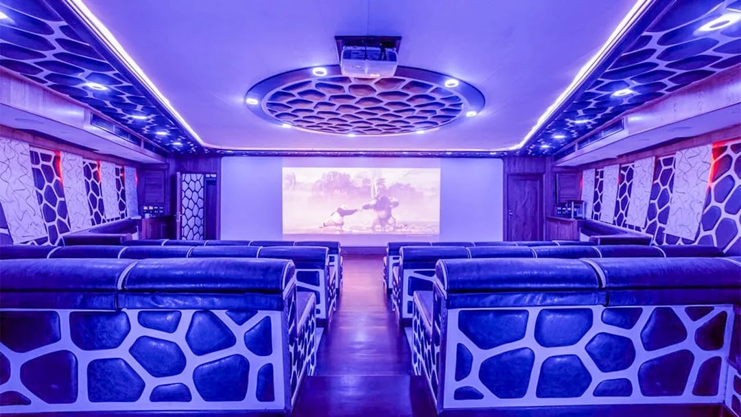 Luxury cinema room on a mega yacht dinner cruise in Dubai.