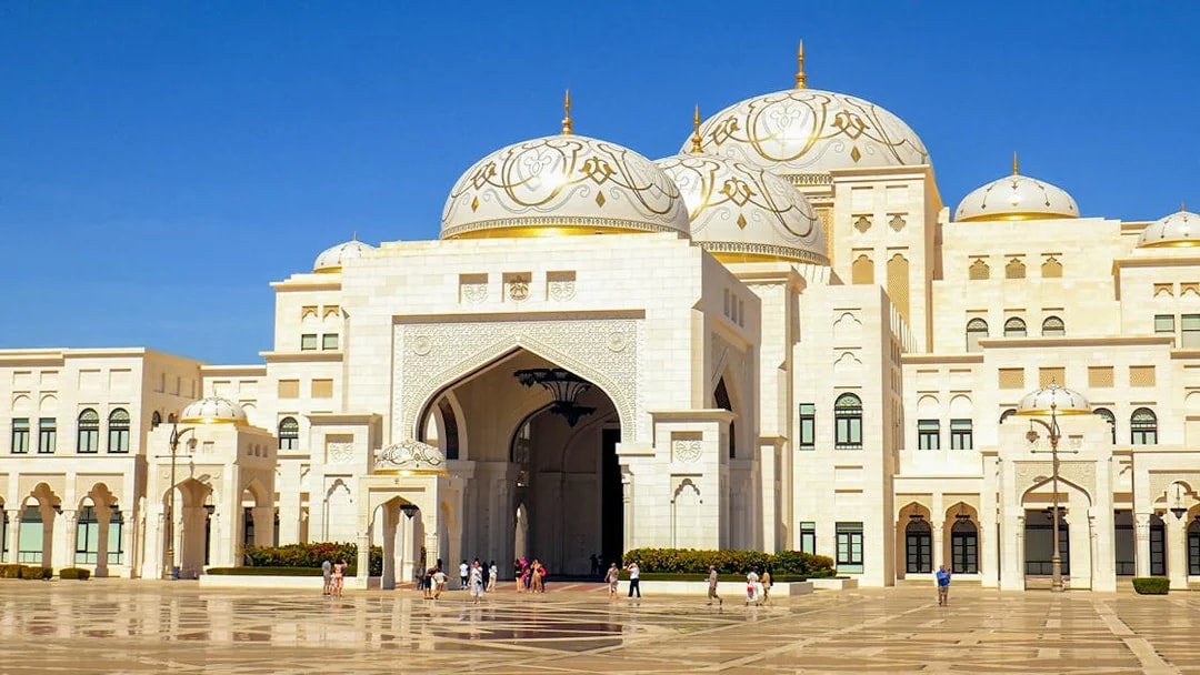 Qasr al Watan palace exterior with domes in Abu Dhabi.