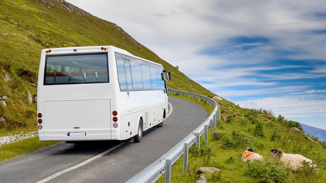 Airconditioned coach on winding road through lush Irish countryside.