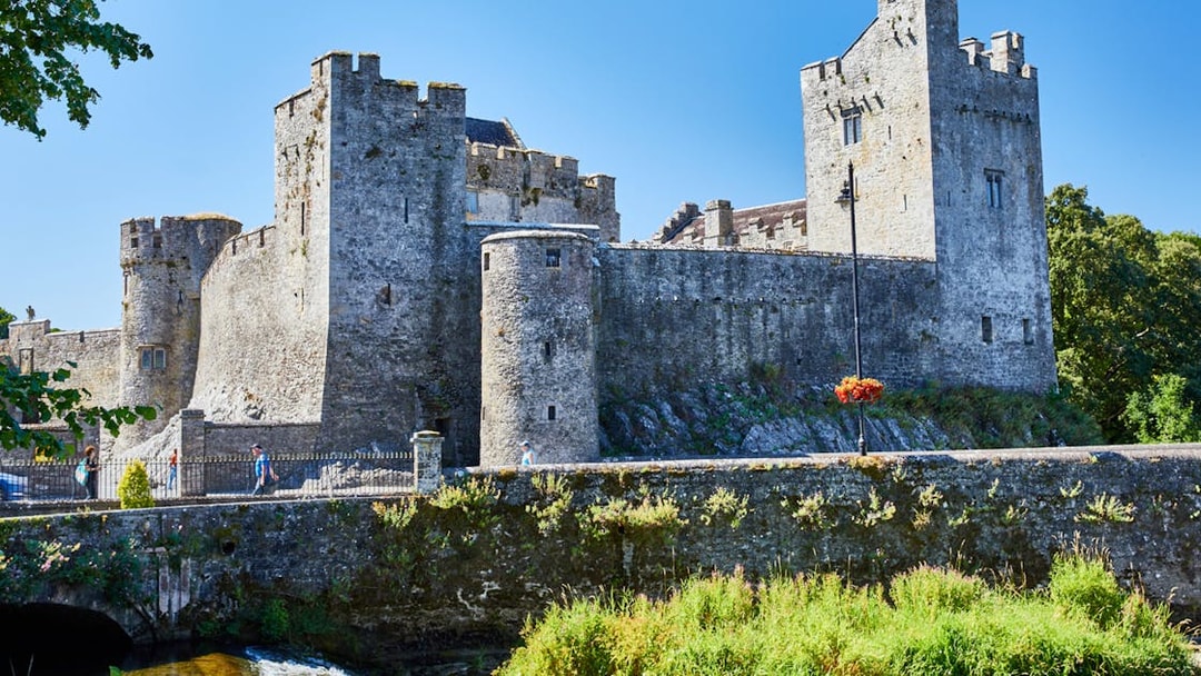 Blarney Castle stone walls and towers with surrounding greenery in County Cork, Ireland.