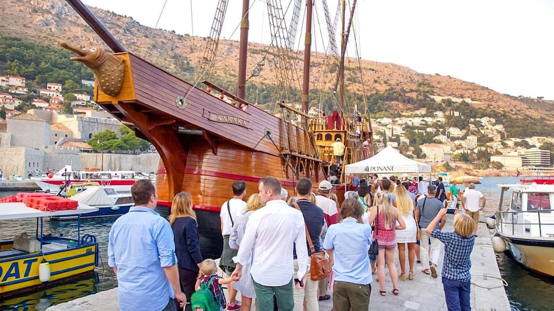 Guests boarding Karaka Ship for Sunset Cruise in Dubrovnik, Croatia.