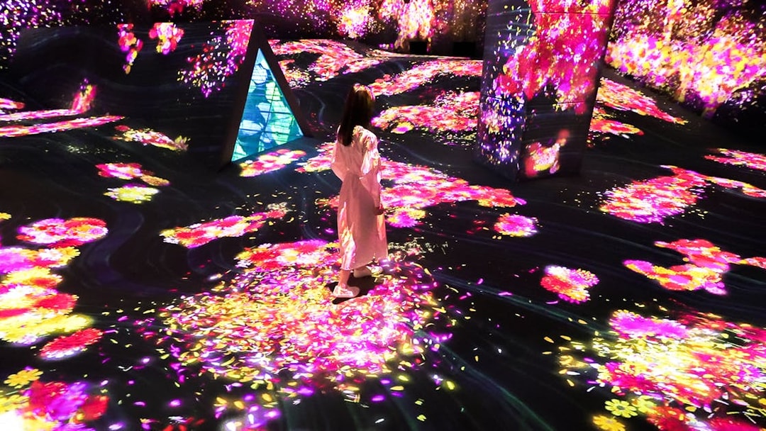 Visitor exploring vibrant digital art installation at E・ZO FUKUOKA teamLab Forest.