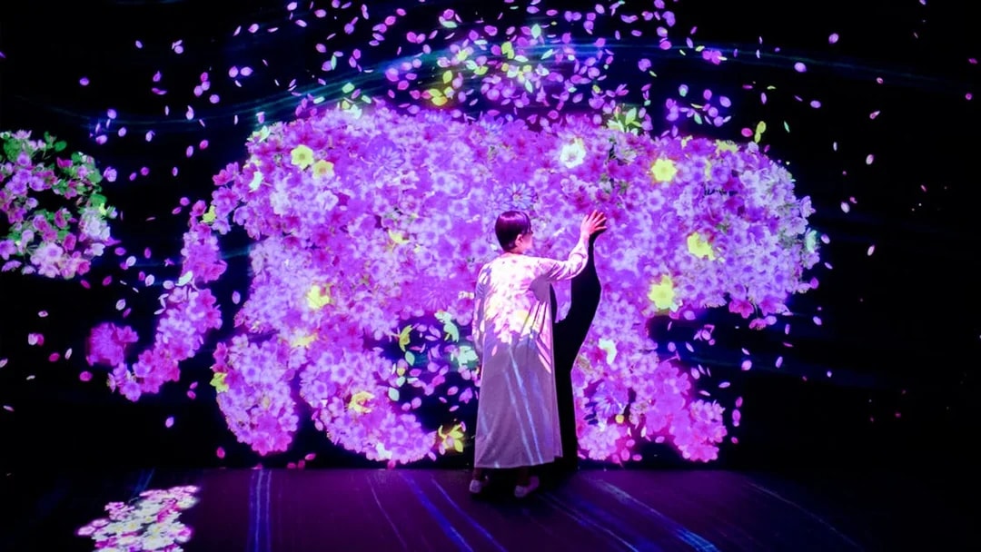 Person interacting with digital floral display at E・ZO FUKUOKA teamLab Forest.