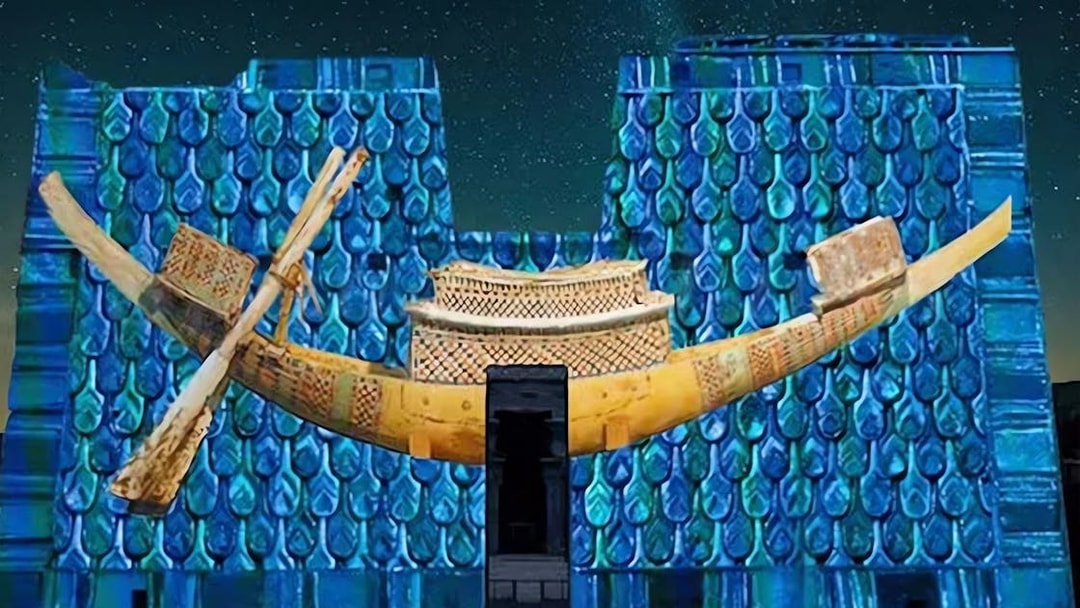 Projection of ancient Egyptian boat on Edfu Temple during Sound and Light Show.