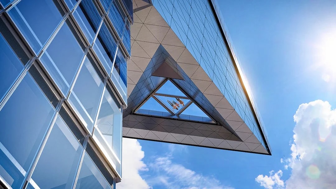 Modern glass building with sky view from Edge observation deck.