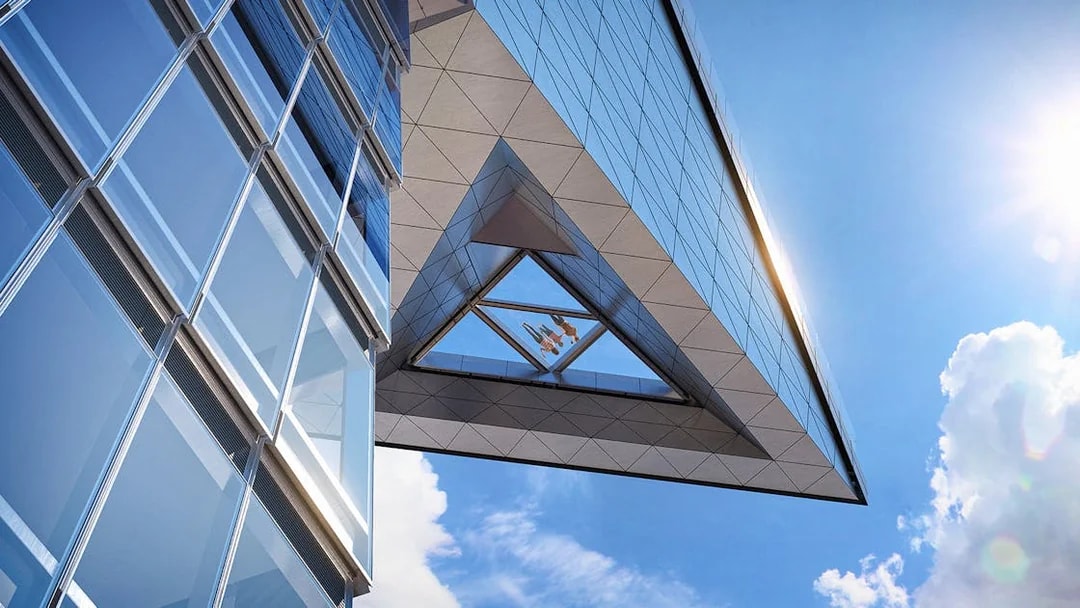 Edge Observation Deck glass floor view with sky and building reflections.