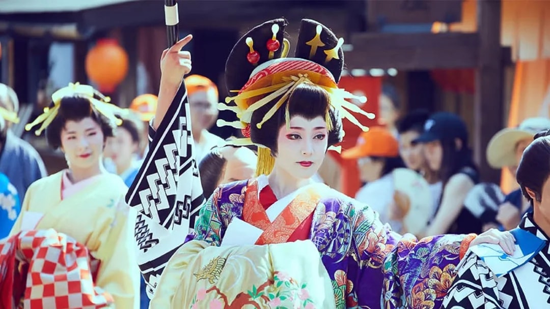 Traditional performers in Edo period costumes at Edo Wonderland, Japan.