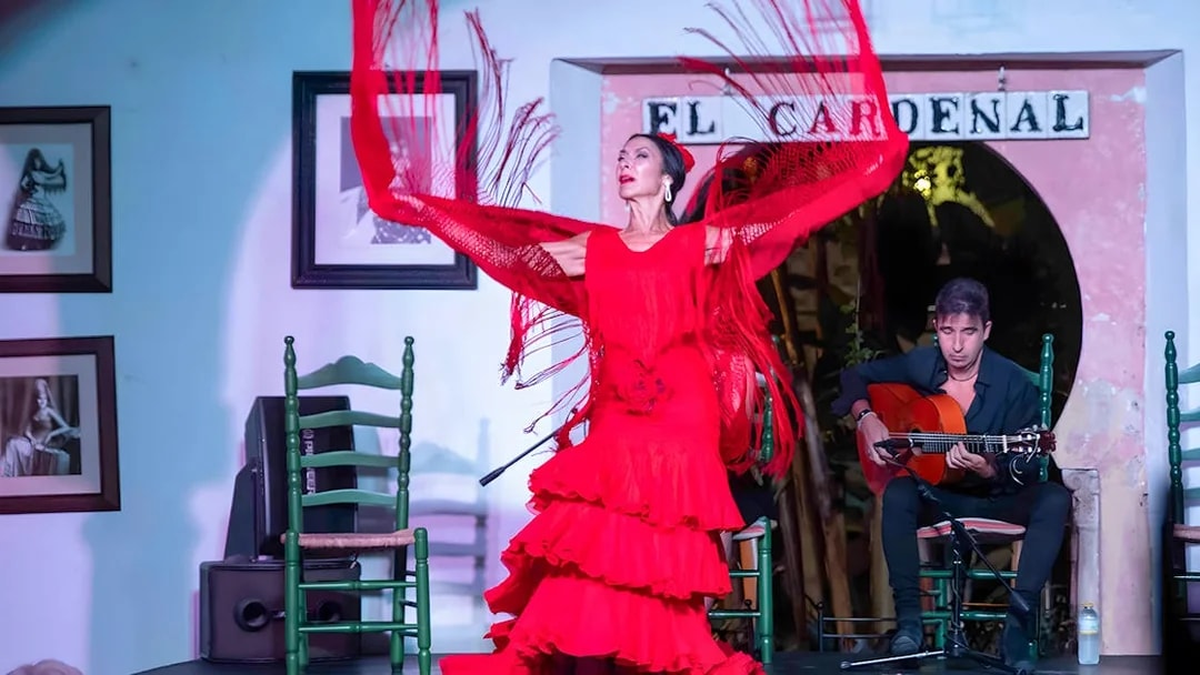 Flamenco dancer performing at Tablao Cardenal with guitarist in the background.