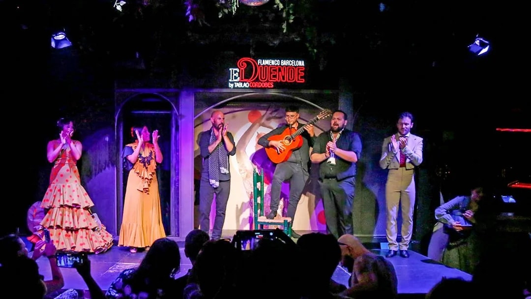 Flamenco dancers and guitarist performing at El Duende by Tablao Cordobes, Barcelona.