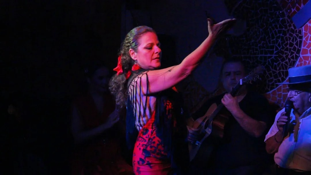 Flamenco dancer performing with musicians during El Toro y la Luna show.