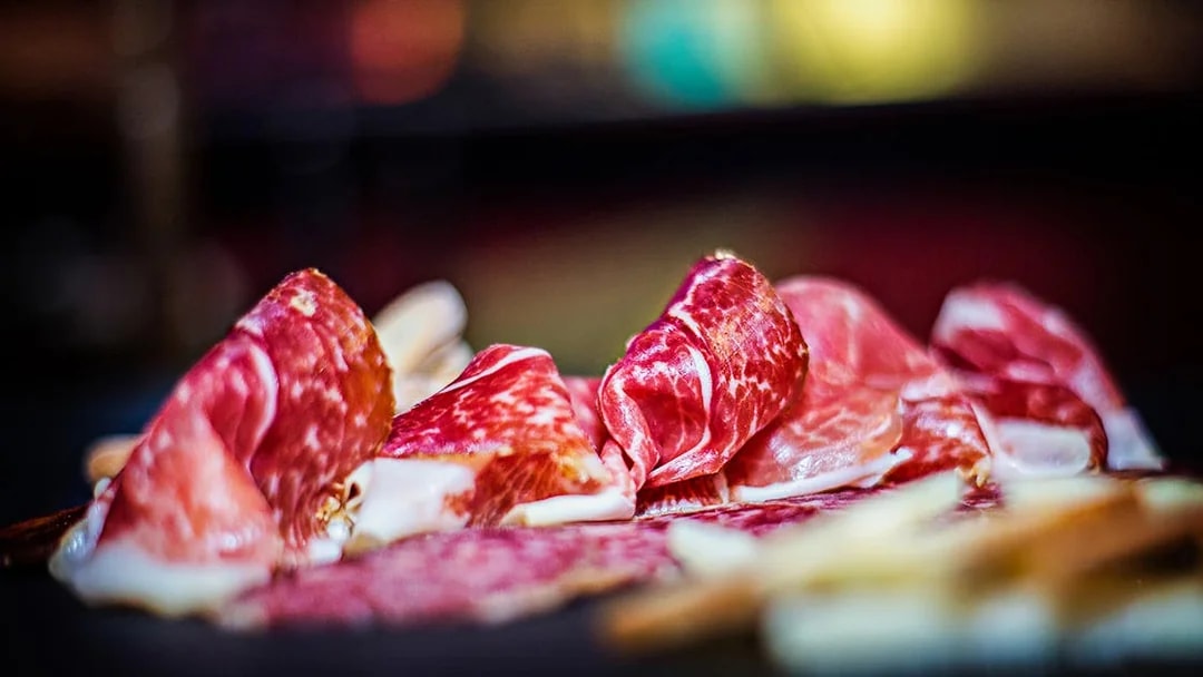 Cured ham slices served at Flamenco Show at Tablao El Toro y la Luna.