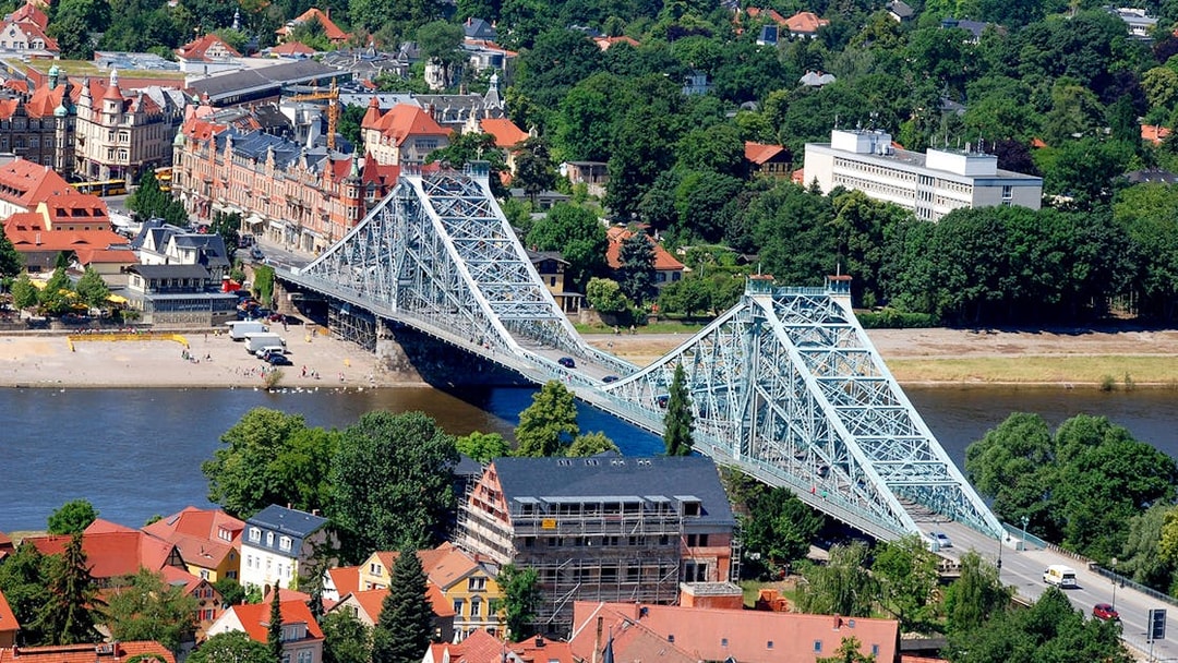 Aerial view of the Blue Wonder bridge over the Elbe River in Dresden.
