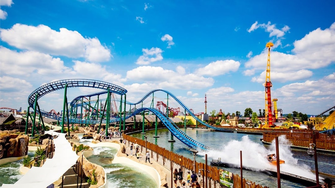 Roller coasters and water rides at Energylandia amusement park, Poland.