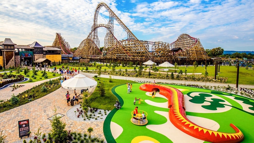 Roller coaster and play area at Energylandia Amusement Park, Poland.
