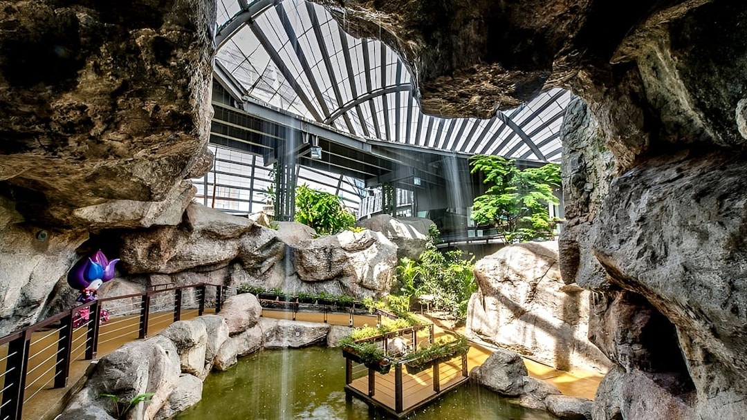Indoor rock garden and pond at Entopia by Penang Butterfly Farm, Malaysia.