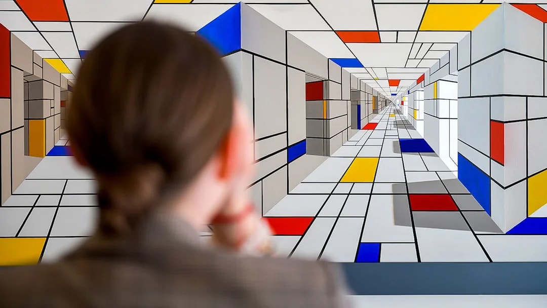 Viewer observing geometric optical illusion at Illusion Art Museum Prague.